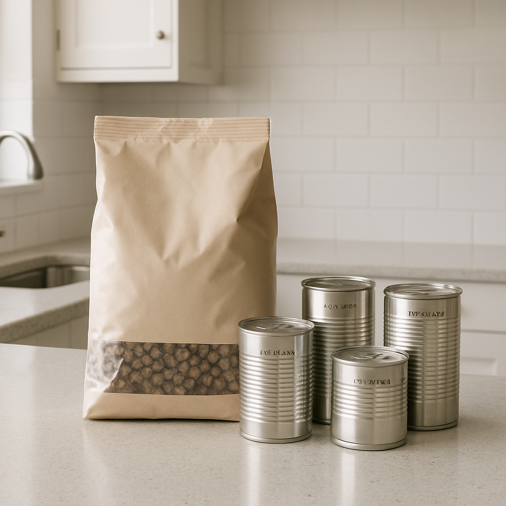 Unopened bag of dog kibble and canned food with visible best-by dates ready for donation.
